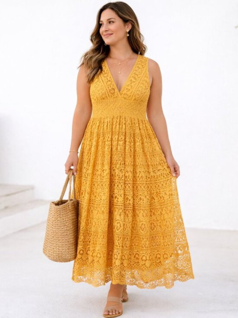 The Clothing Company Mustard Lace Maxi Dress Boho Chic Sleeveless V-Neck Medium